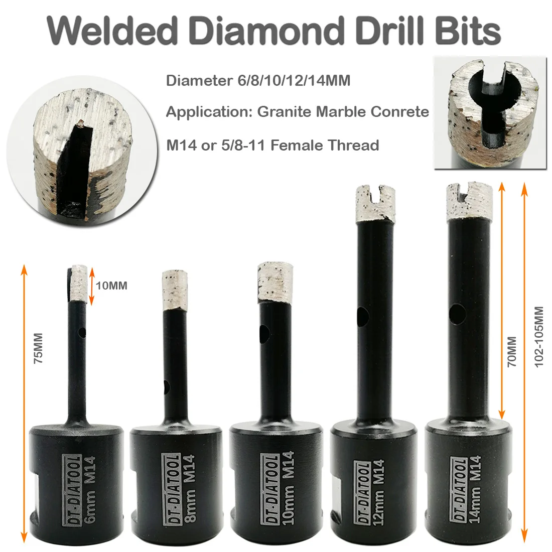 DT-DIATOOL 1pc Professional Wet Welded Diamond Drilling Core Bits M14 or 5/8-11 thread Drill Bits for hard Granite Hole Saw DT-DIATOOL 1pc Professional Wet Welded Diamond Drilling Core Bits M14 or 5/8-11 thread Drill Bits for hard Granite Hole Saw
