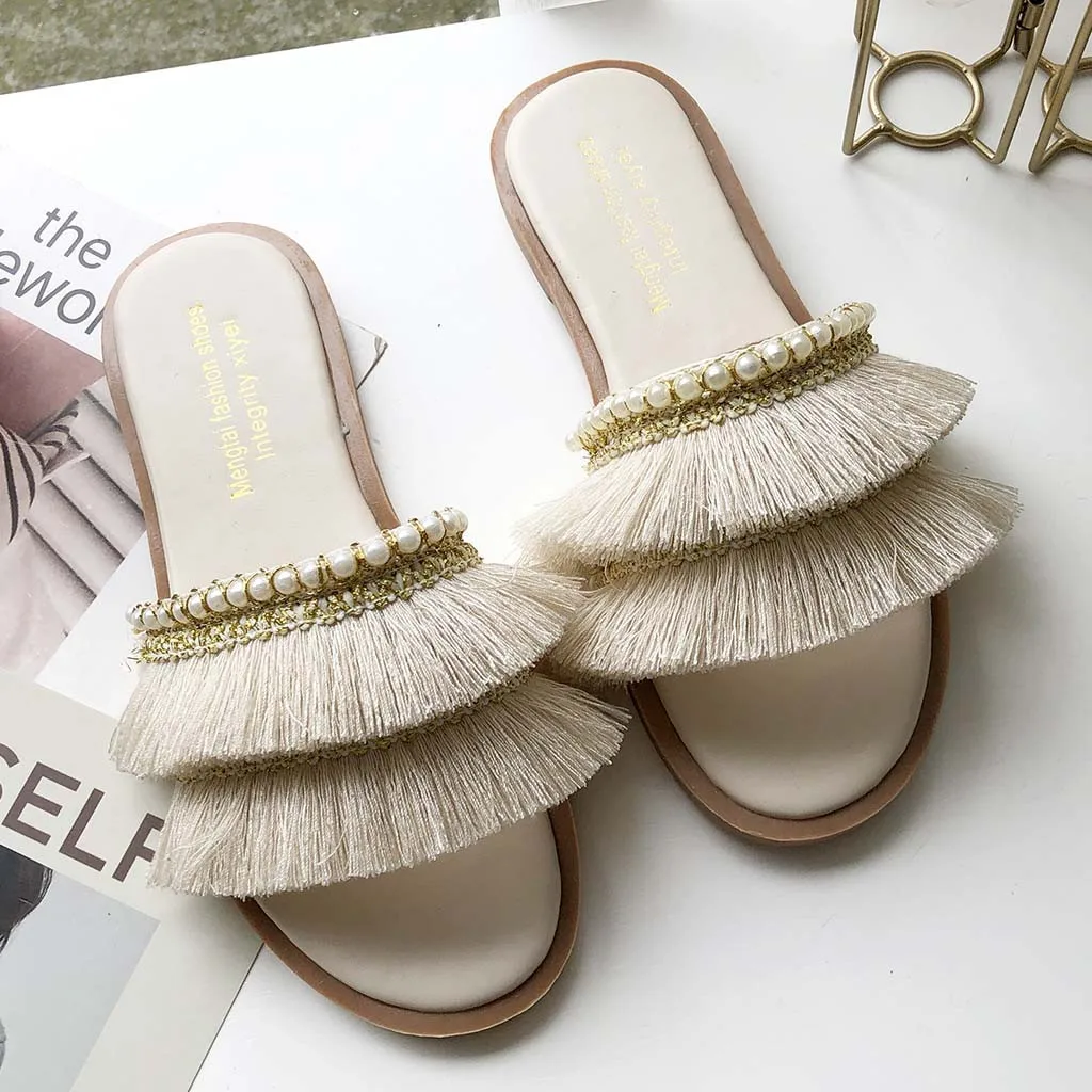 

SAGACE Summer Slippers Women Soft Casual Beach Sandals Non-slip Flats Women Fringed Pearl Flat-soled Round Toe Shoes Slides