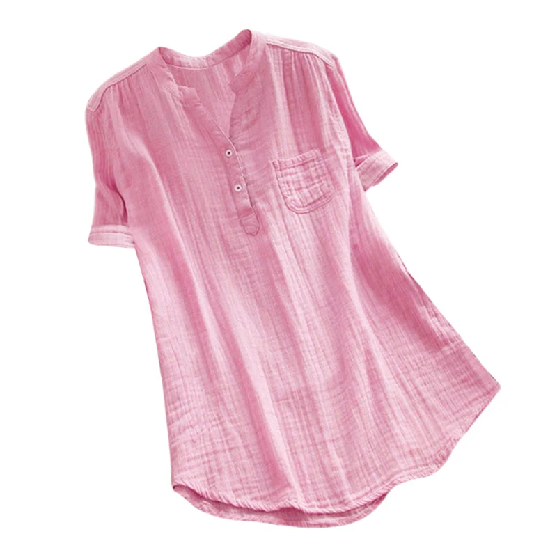 

Summer Femme V-Neck Button Pocket Solid Shirt Tunic Tops Blouse Plus Size S-5XL Women Solid Versatile Short Sleeve Stand Shirt