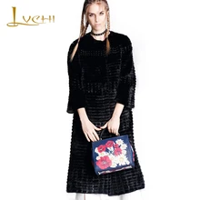 LVCHI Plus Size Women’s Real Fur Coat Leather Black Fur Leather O-Neck Denmark Mink Swan Velvet Mink knitted coat Mink Coat