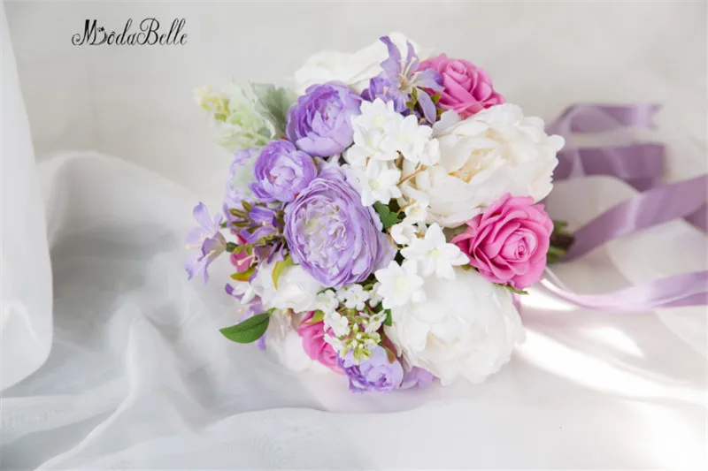 Modabelle фиолетовый Букеты Свадебные для невест рука цветы искусственные букет невесты Свадебная Роза Пион Ramos Вердес