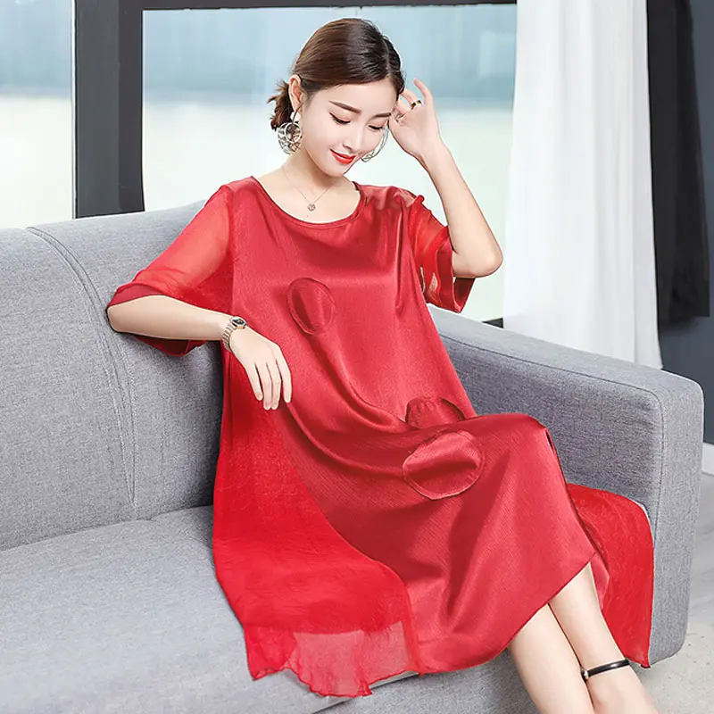 SymorHouse новое летнее Элегантное Шелковое красное платье, женское Новое дизайнерское платье с коротким рукавом и круглым воротником для офисных леди - Цвет: red