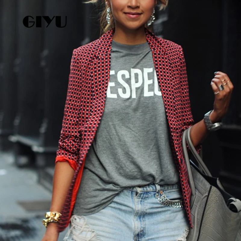 GIYU Spring Red Women Plaid Printing Blazer Long Sleeve Notched Jackets Sexy Slim Tops Casual camiseta mujer