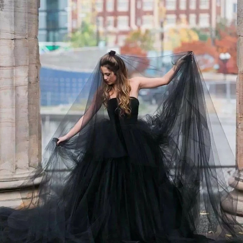 

Wedding Picture Party Bridal Extra Long 5M Meters Gothic Black Organza Tulle Lace Veil Women Bride Goth Veils Without Comb
