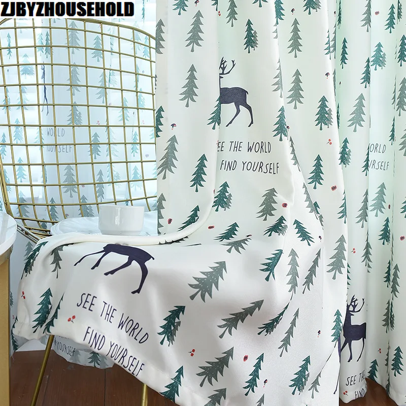 

2018 Curtains INS Modern Nordic Elk Cotton Linen Printing Curtains for Living Room Floating Window Shade Christmas Curtain