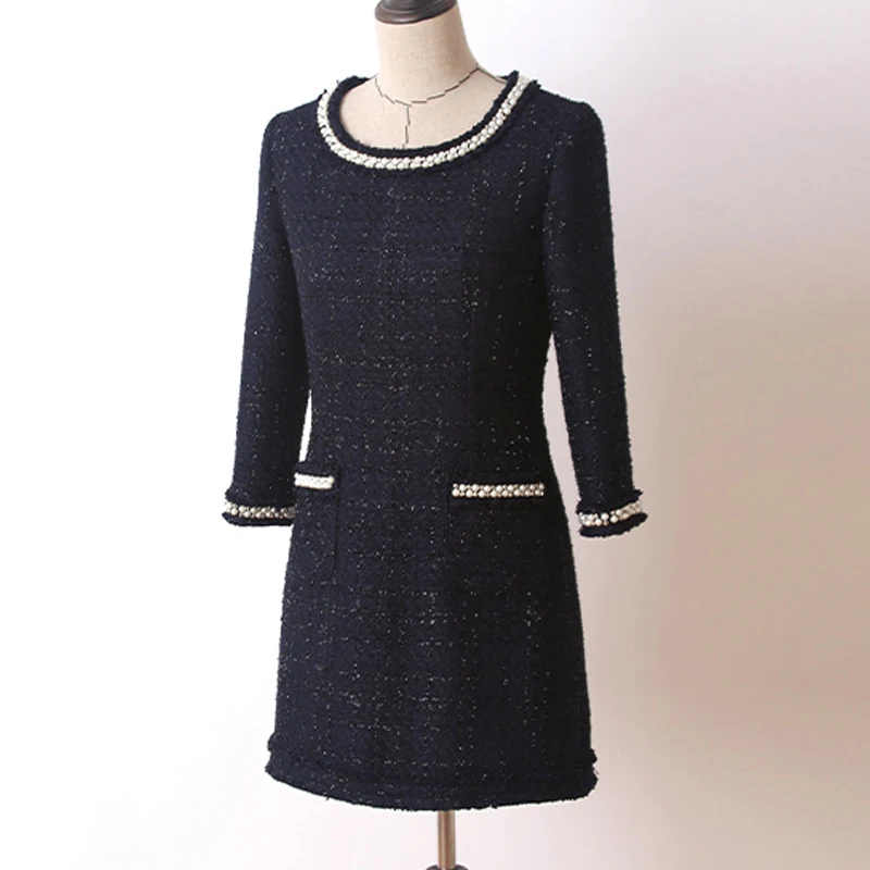 

Blue Tweed dress 2019 Spring / Autumn Women's dress Handmade beaded sleeve OL Office dress
