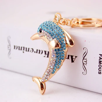 

Shiny Gold Plating Metal Alloy Key Chains With Blue Red Pink Purple Rhinestones Jeweled Dolphin Hanging Pendant Charm