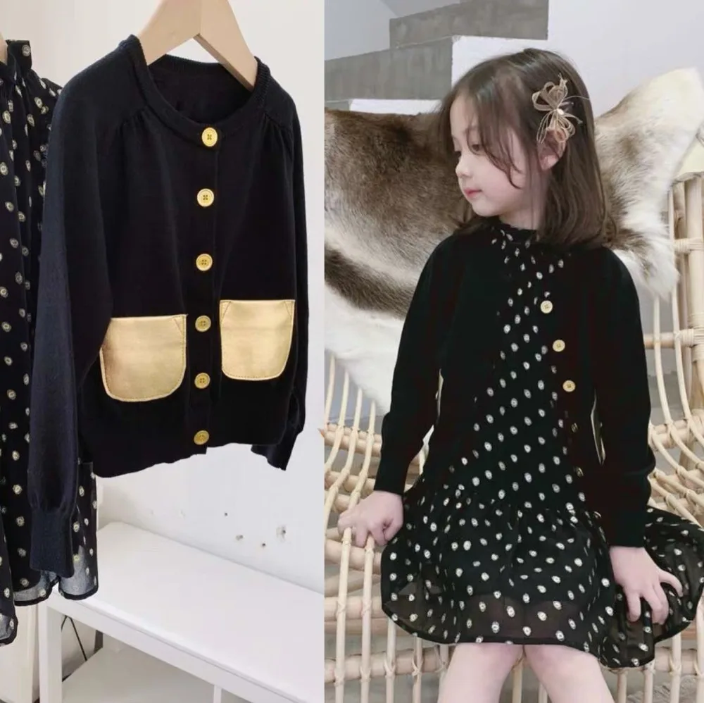 

children clothing 2019 girls summer sets girls spring fashion set Dot pattern dress + knit cardigan kids girls 2pcs clothes