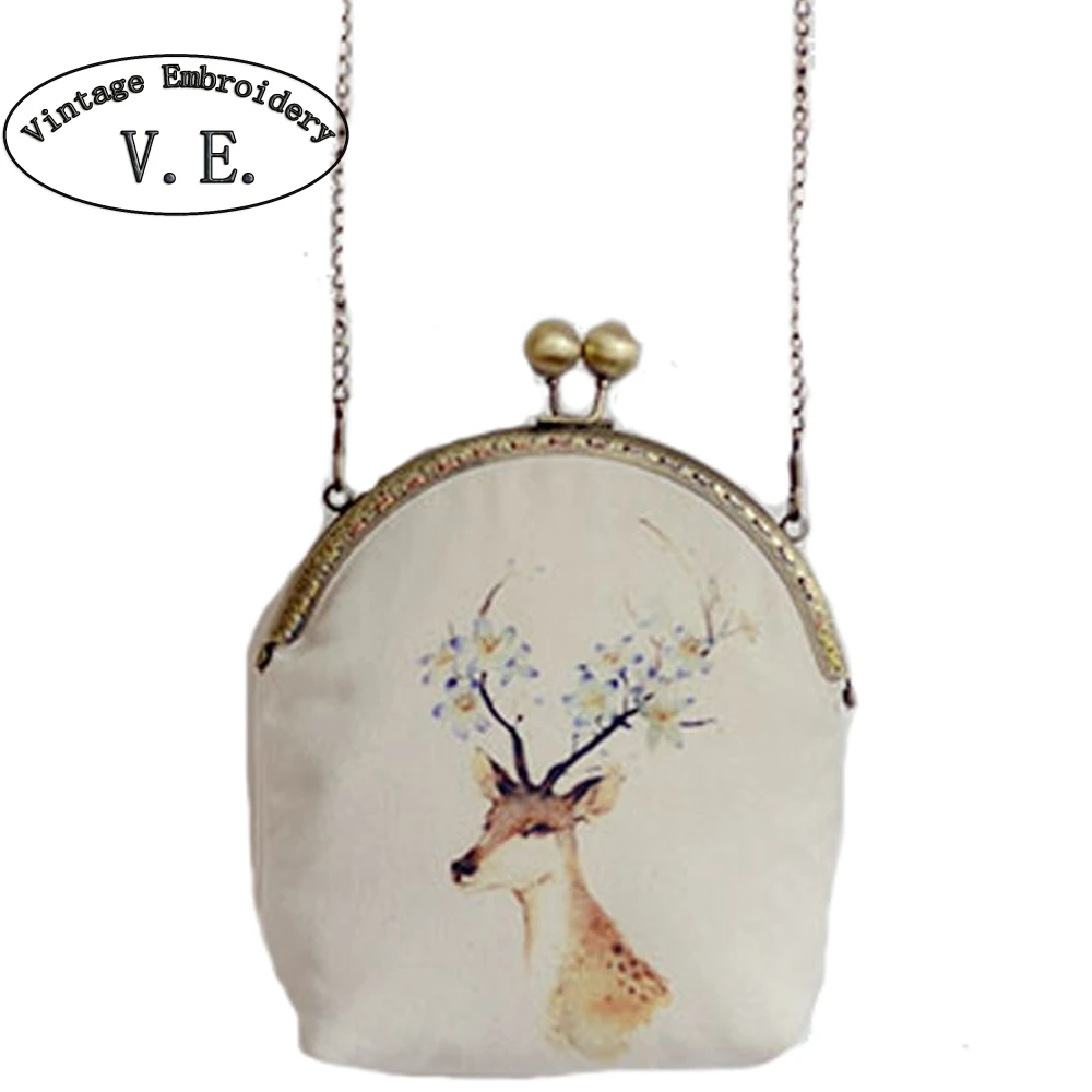 

Vintage Embroidery Women Day Clutch Mori Girl Kisslock Deer Phone Wallet Key Mini Shoulder Messenger Bag Crossbody Handbag
