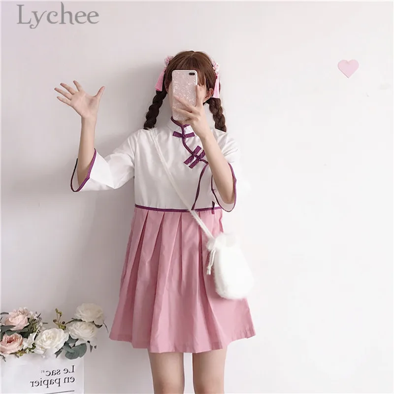 Личи Harajuku Cheongsam хит разноцветное платье с рукавом Три четверти воротником