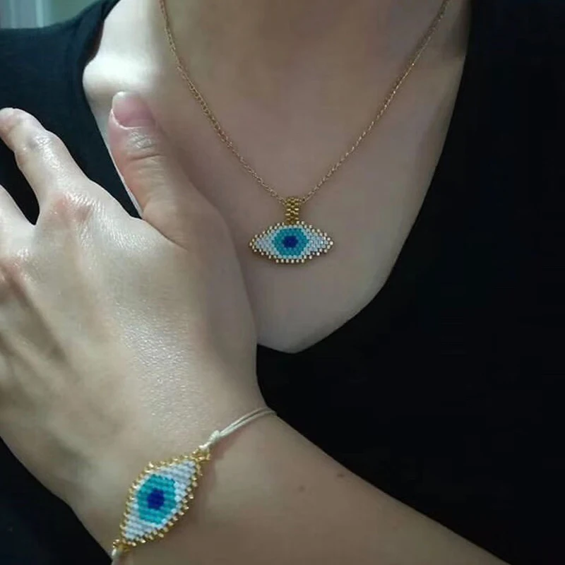

SHINUSBOHO 2Pcs/set Evil Eye MIYUKI Bracelet for Women Delicas pulseras Men Lucky Eye Choker Jewelry Adjustable Friendship Gift