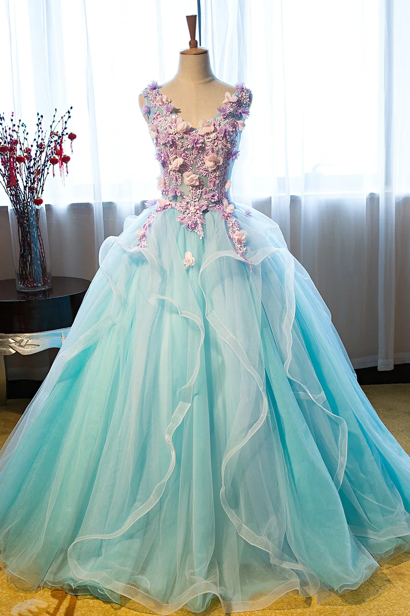 2017 Sweet V-Neck Sleeveless Sky Blue Formal Evening Party Long Dresses Purple Flowers Appliques Stage Solo Pageant Costume | Свадьбы и