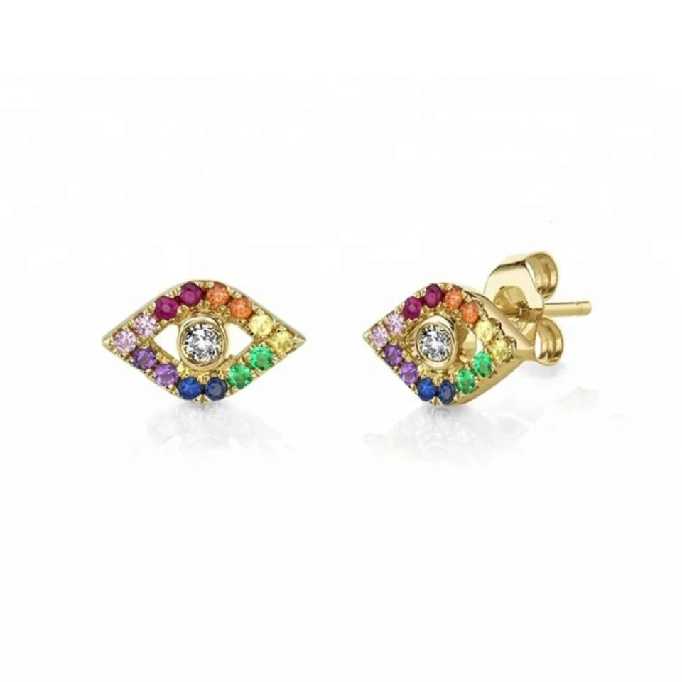 

COLORFUL cz eye stud earring mini small cute delicate minimal 925 sterling silver earring for female fashion rainbow cz jewelry