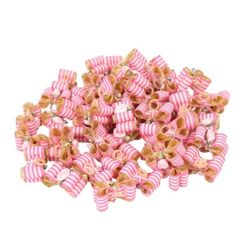 

50pcs Wholesale Striped Ribbon Dog Bows with Rubber Bands Satin Rose Flower Decoration Cute Hair Bowknots Dog Accessories