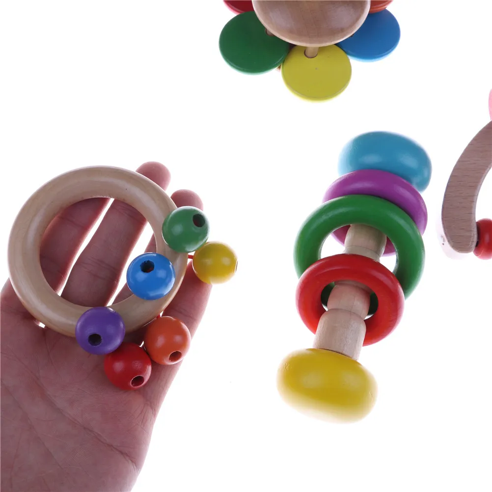 colorful Wooden Bell Rattle Baby Handbell Musical Educational