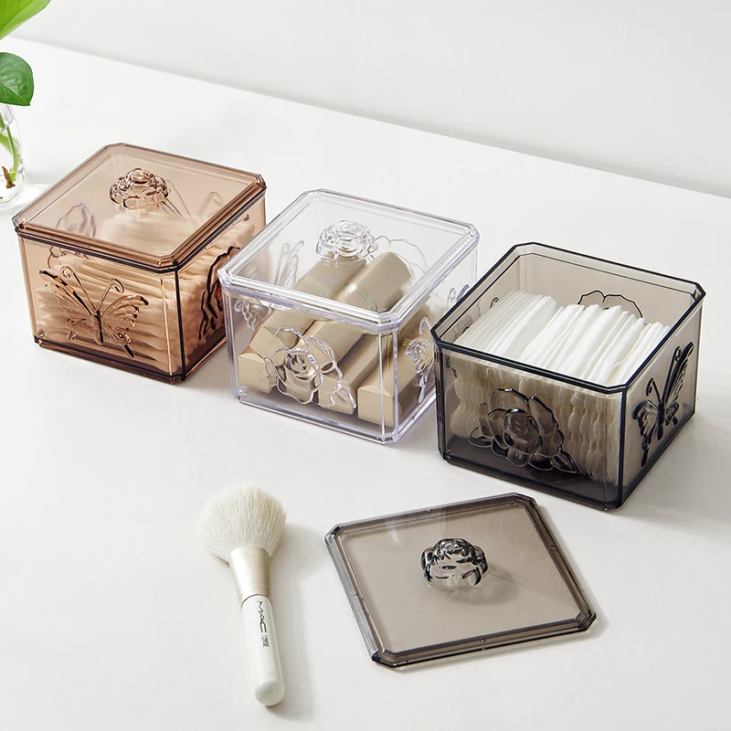 

Dustproof Plastic Cotton Swab Storage Box Cotton Pads Finishing Organizer Stackable Flip Transparent Carved Lipsticks Container