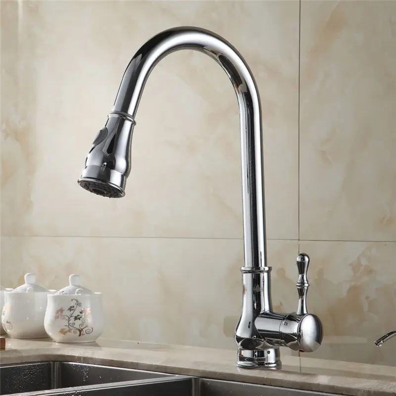 Modern Pull Out Kitchen Sink Faucet Hot and Cold Chrome Finish Swivel