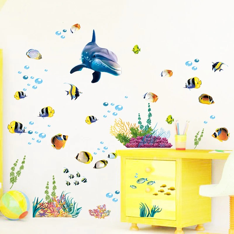 Водонепроницаемый Ванная Кухня стикеры на стену-океан глубокой морской воды домашний Декор наклейки дельфинами рыбками и декоративные настенные росписи детская комната