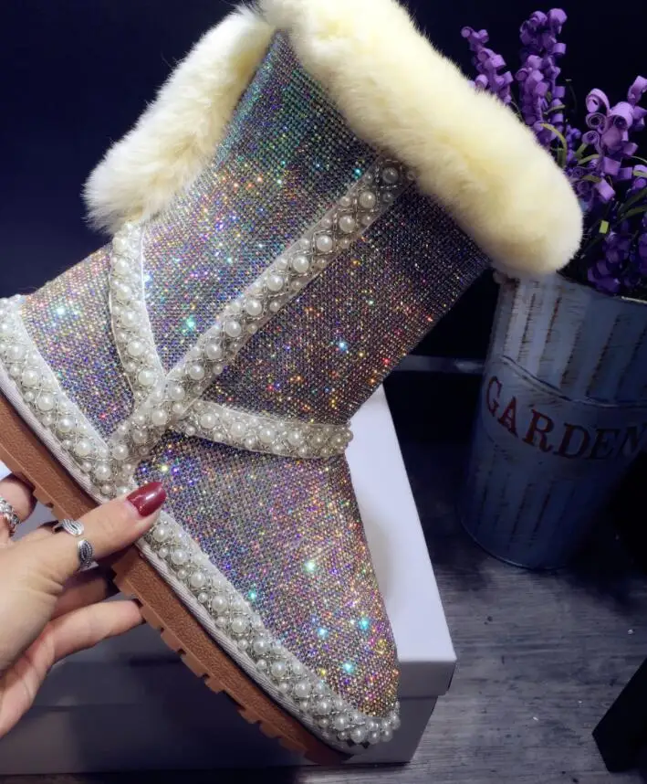 

Winter new sheep fur one snow boots female crystal full diamond rhinestone thick bottom flat warm warm boots