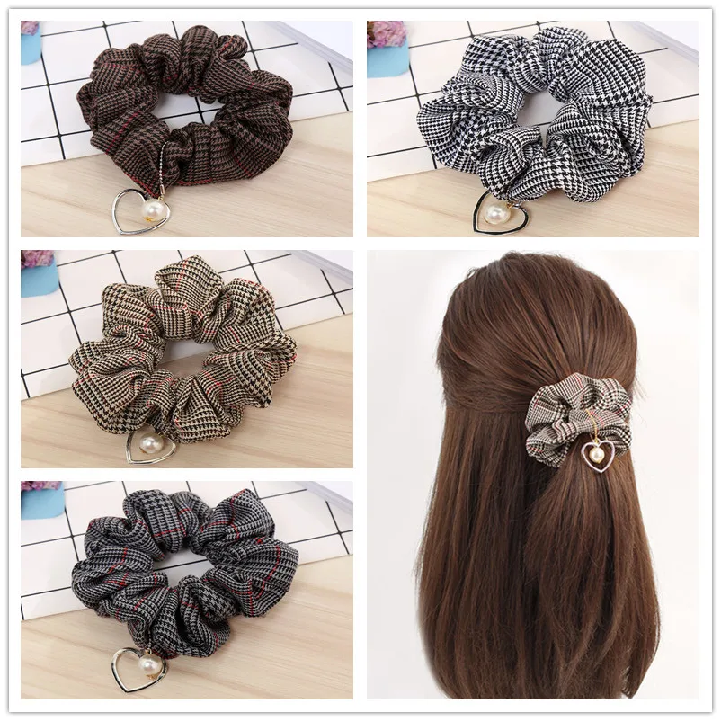 

New Round Grid Tooth Check Ponytail Holder Scrunchie pearl Heart Ring Elastic Hair Tie Hair Holder Rope for Women & Girl