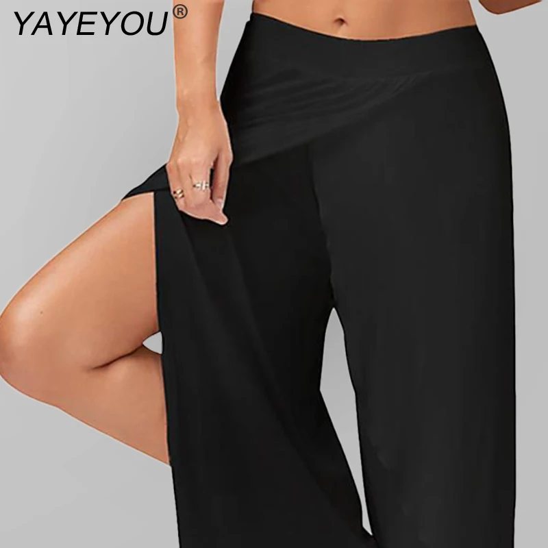 YAYEYOU, сексуальные женские брюки с разрезом, средняя талия, широкие брюки, женские брюки, женские брюки, повседневные, летние, пляжные, длинные, свободные, шаровары