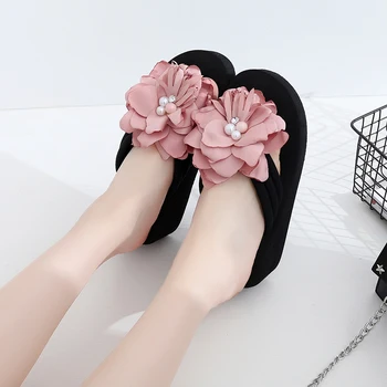 

Large Silk Hibiscus Flowers Cloth Belt Flip Flops lady Leisure Comfortable Wedges Slippers Women High-Heels Summer Shoes