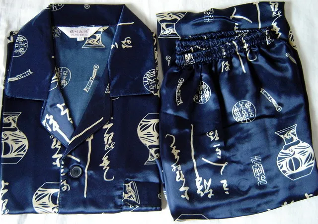 Синий китайский Для мужчин Шелковый район 2 шт. ночной халат, одежда для сна, Пижамные комплекты банный халат; L; XL; XXL SH002