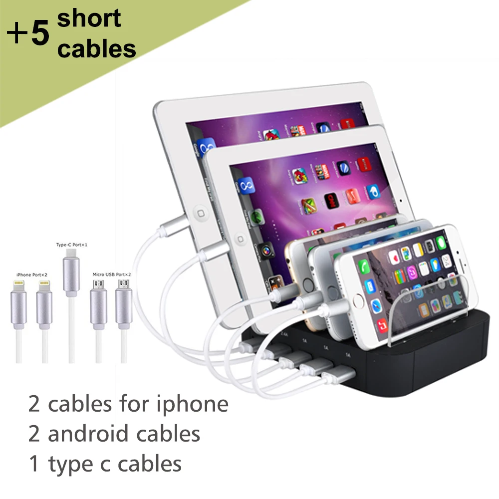 

Evfun USB Charging Station 5 Port With Short Cables Charger Station Dock Desktop Multi Port Charger for Phone iPhone iPad Huawei