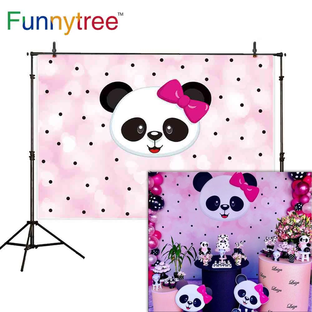 Фотофон Funnytree с розовым мультяшным рисунком панды в горошек для детского дня