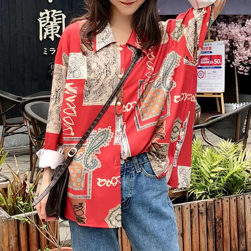 

New Korean Trend Print Shirt Women Spring Red Streetwear Tops BF Style Harajuku Shirts Kpop Loose Plus Size Long Blouses Autumn
