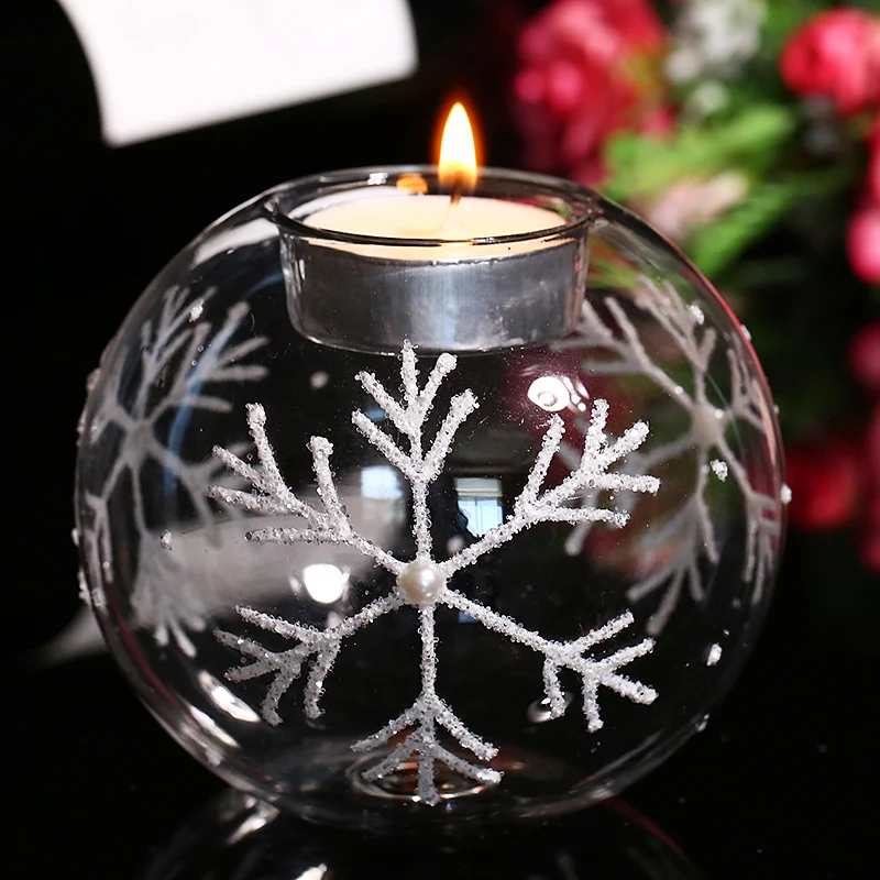 Christmas Glass Candle Holders with White Snowflake, Tealight Holder