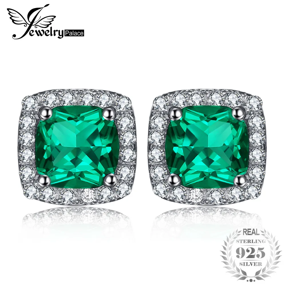 

JewelryPalace Cushion 2.1ct Nano Russian Created Emerald Halo Stud Earrings Solid 925 Sterling Silver Stylish Women Accessories