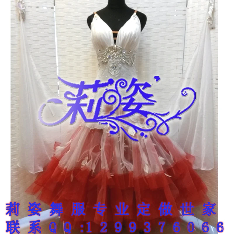 

Women Smooth Standard Waltz Tango Dance Dress US 12 UK 14 White red Beads