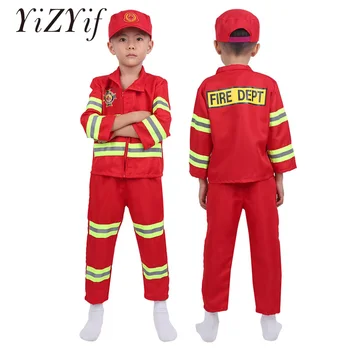 

YiZYiF Kids Firefighter Cosplay Costume Boys Girls Long Sleeves Zipper Closure Tops Jacket with Pants Hat Clothes For Children