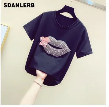 

Nail-beaded Lip-print Bow-tie T-shirt with Round Collar Loose Korean Tshirt Girl Lady New Summer Shirt Shirts Tops