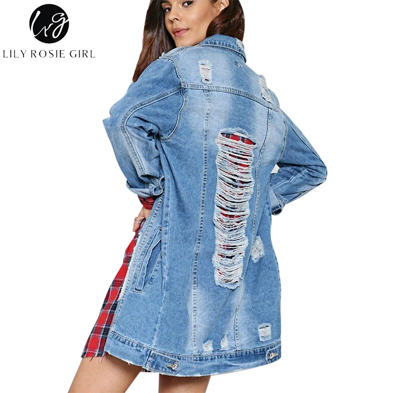 Lily Rosie Girl Blue Ripped Hollow Out Denim Jacket Casual Pocket Long Coat Autumn Winter 2017 Womens Basic Outwear Streetwear Lily Rosie Girl Blue Ripped Hollow Out Denim Jacket Casual Pocket Long Coat Autumn Winter 2017 Womens Basic Outwear Streetwear