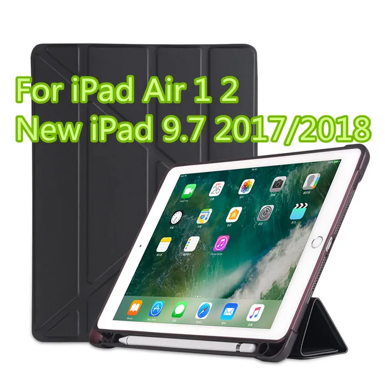 Кожаный чехол для ipad 9,7, умный чехол для ipad Air 2 1 5 6 Pro 9,7, силиконовый чехол для ipad 6 поколения с держателем для карандашей - Цвет: Черный