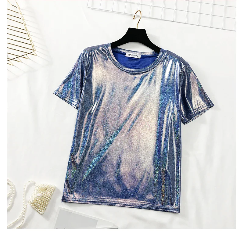 GBYXTY Casual Basic T-Shirt Streetwear Holographic Gloss T Shirt 2020 Summer Women Short Sleeve Loose Tee Shirt Femme Top ZA1471