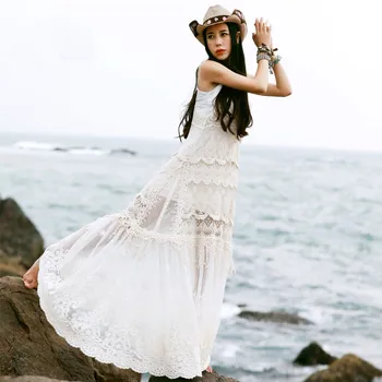 

Summer Women Bohemia Vintage BeachCasual Loose O-Neck Sleeveless Hollow Out Embroidery Lace White Long VestDress