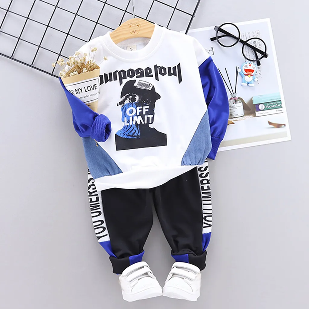 Children Autumn Clothes Toddler Kids Boy Cartoon Letter Long Sleeve Tops Pants Outfits Set Baby Boys Clothing roupa menino 0M-4Y