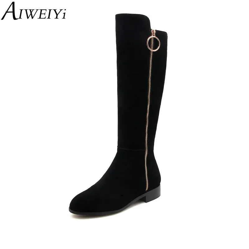 black flat knee high boots with zipper