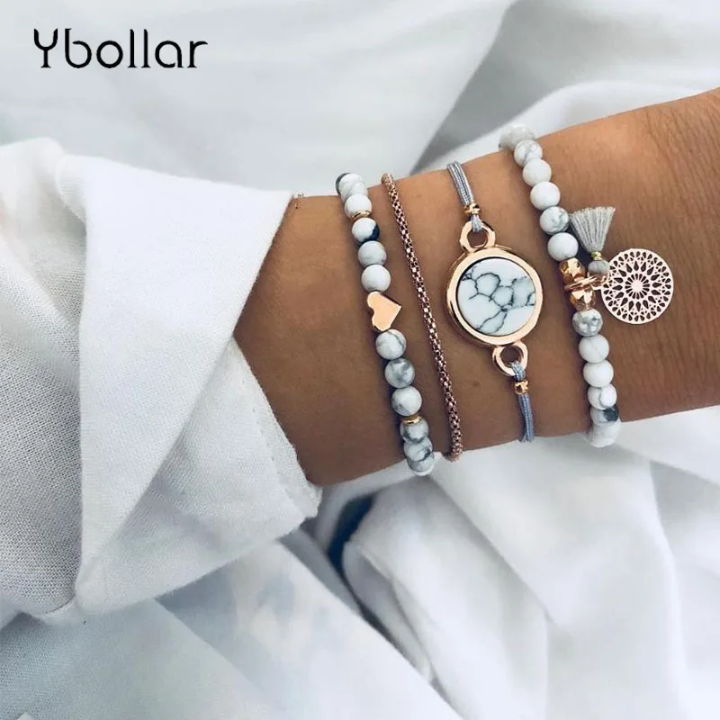 

4pcs/Set Bohemian Beaded Bracelet Women Charms Tassel Bangles Gold Heart Round Stone Friendship Bracelets Set Jewelry Party Gift