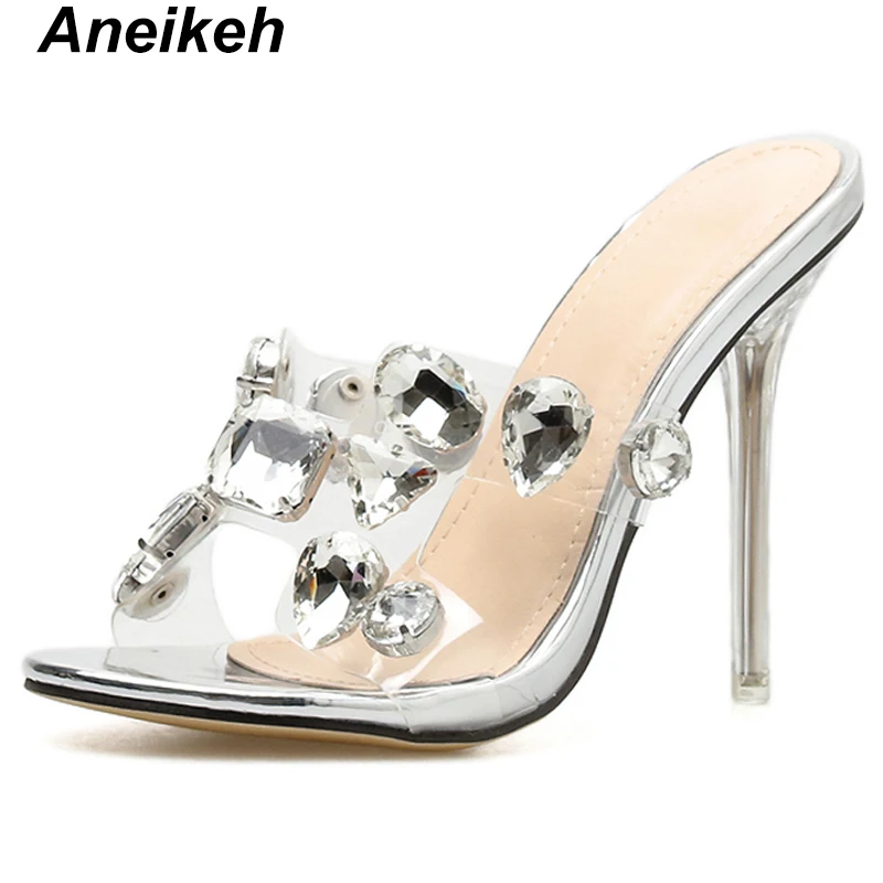 Aneikeh/ классический модный, из ПВХ, прозрачный тапочки Для женщин бусины с открытым носком Прозрачные Стекло тонкий высокий каблук бокал для шампанского серебристого цвета; большие размеры 35-40