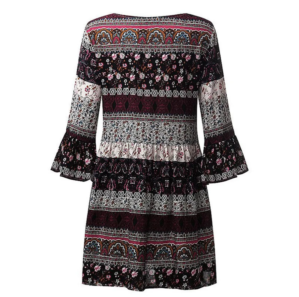 Лето стиль Женский цветочный принт три четверти рукав бохо платье ...