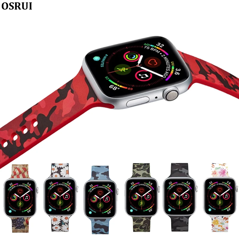 

Silicone Replacement Strap For Apple Watch Band 4 44mm 40mm Flower Printed bracelet for iwatch Series 3 2 1 38mm 42mm Wristbands