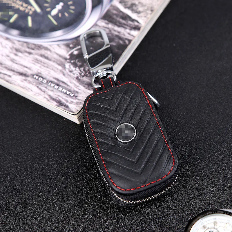 

1PC Durable Genuine The Layer Leather Key Case with Alloy Chain For Cars Fashionable Black&Red Edge Wallet New