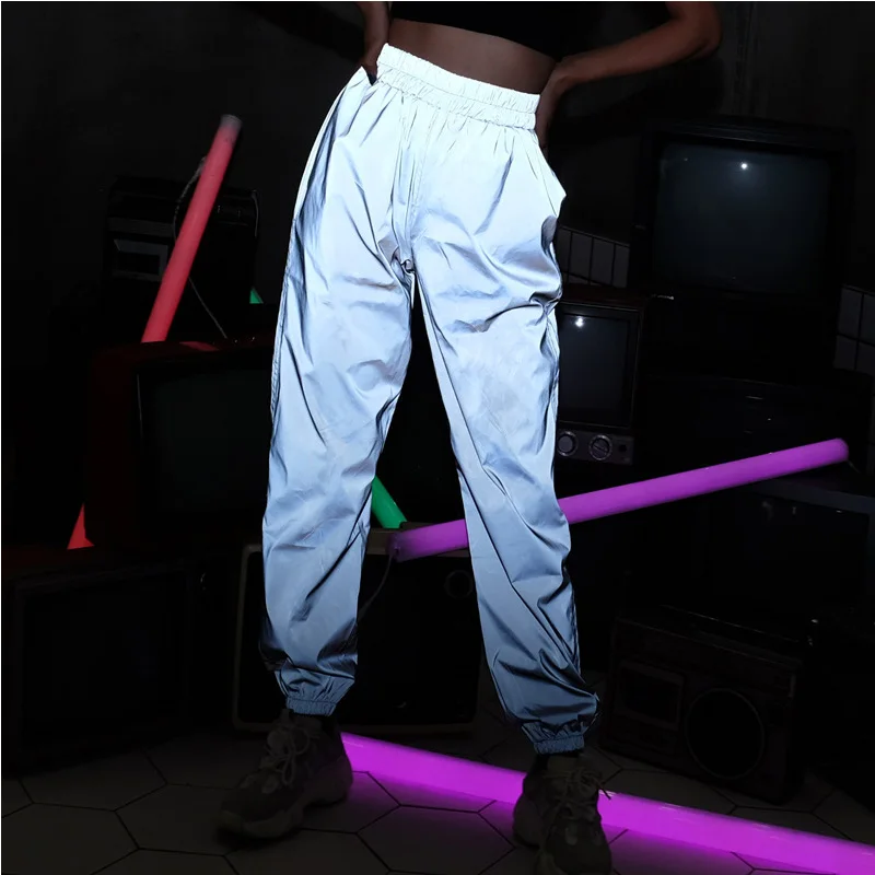 

Cncool Women's Reflective Pants Hip Hop Trousers Female Fashion Elastic Solid Jogger Baggy Pants for Party Night Club Streetwear