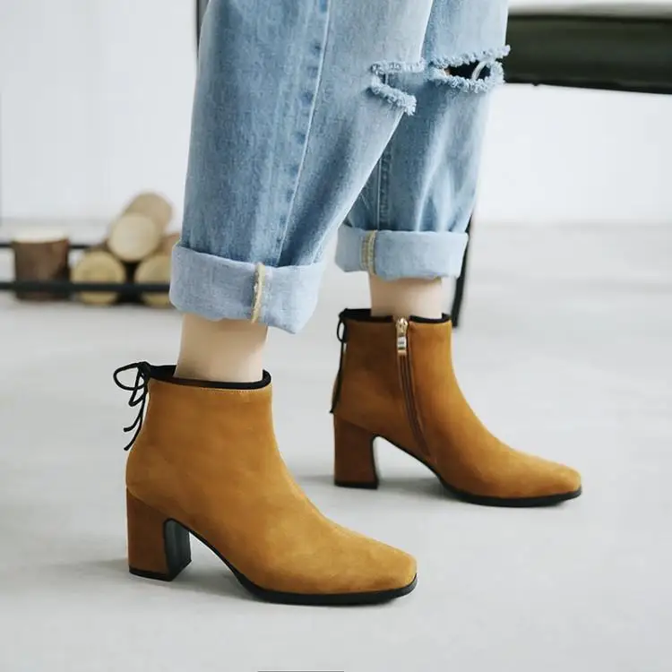 Femmes Femme as Show Abricot Chic Toe Talon Slim Bottes Haute Zapatos Couleur Chunky As Chaussures Caramel Show Flock Faux Suede Pour Squre Cheville CtdsxhQr