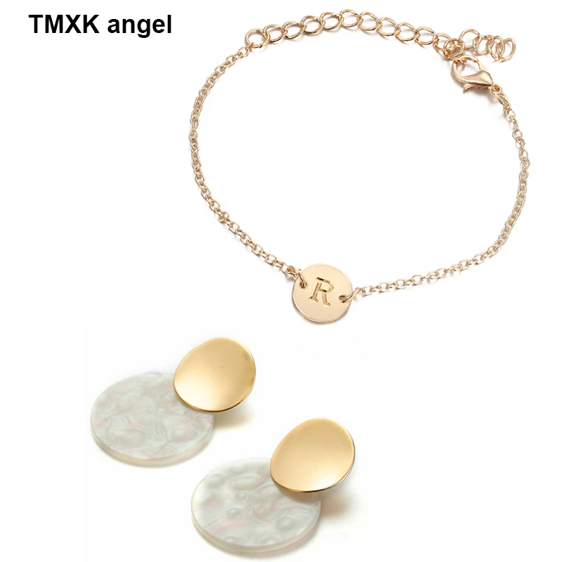 

New Jewelry Set for Woman 2019 Gold Color Metal Shell Earrings Letter Bracelets Silver Adjustable Name Bracelets EA+BR