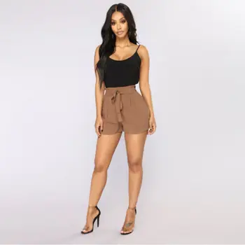 

Lady Women Bowknot Casual Wide Leg Shorts Soft Loose Belt Solid High Waist Shorts